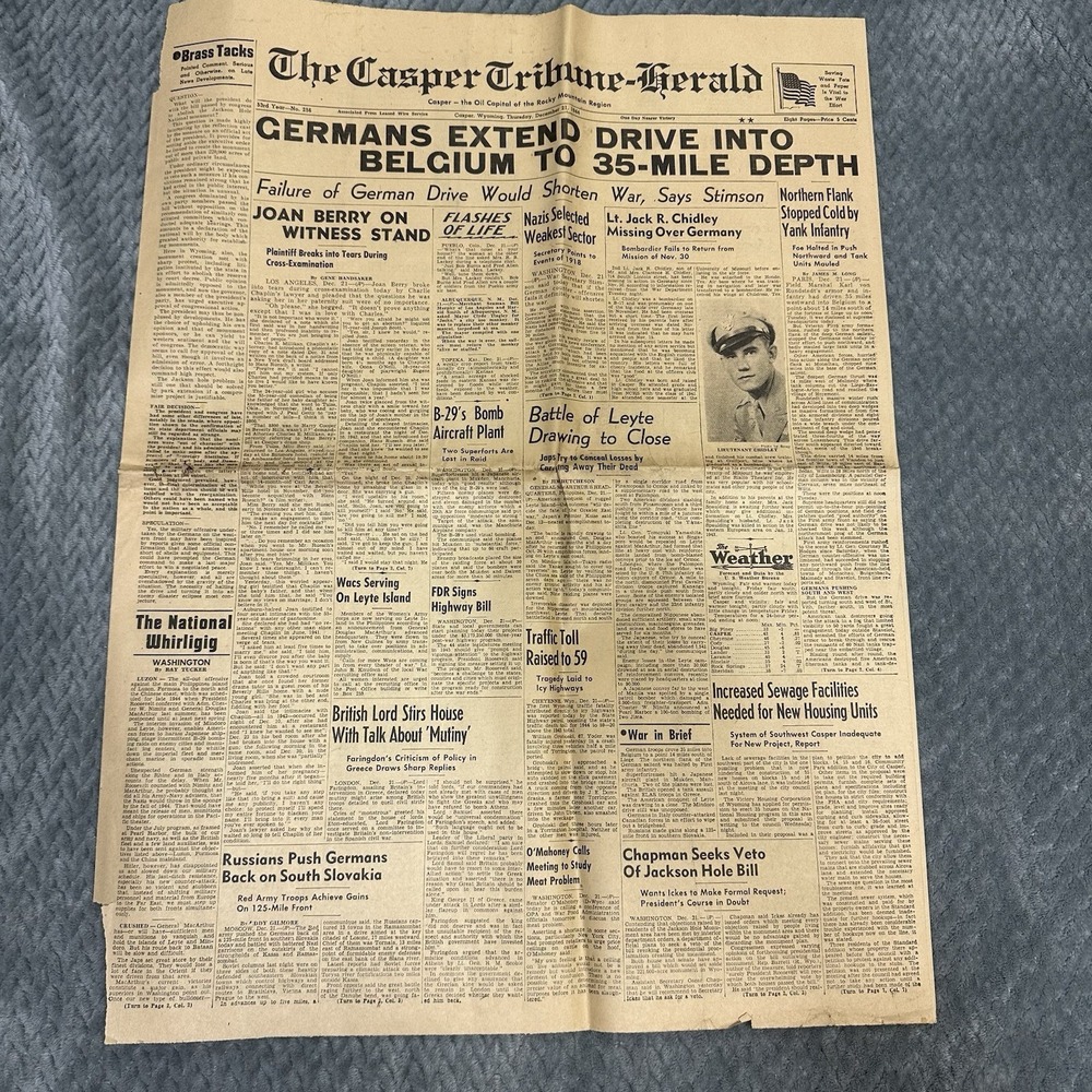 The Casper Tribune Newspaper Vintage Dec 21st 1942 WWII Collectable
